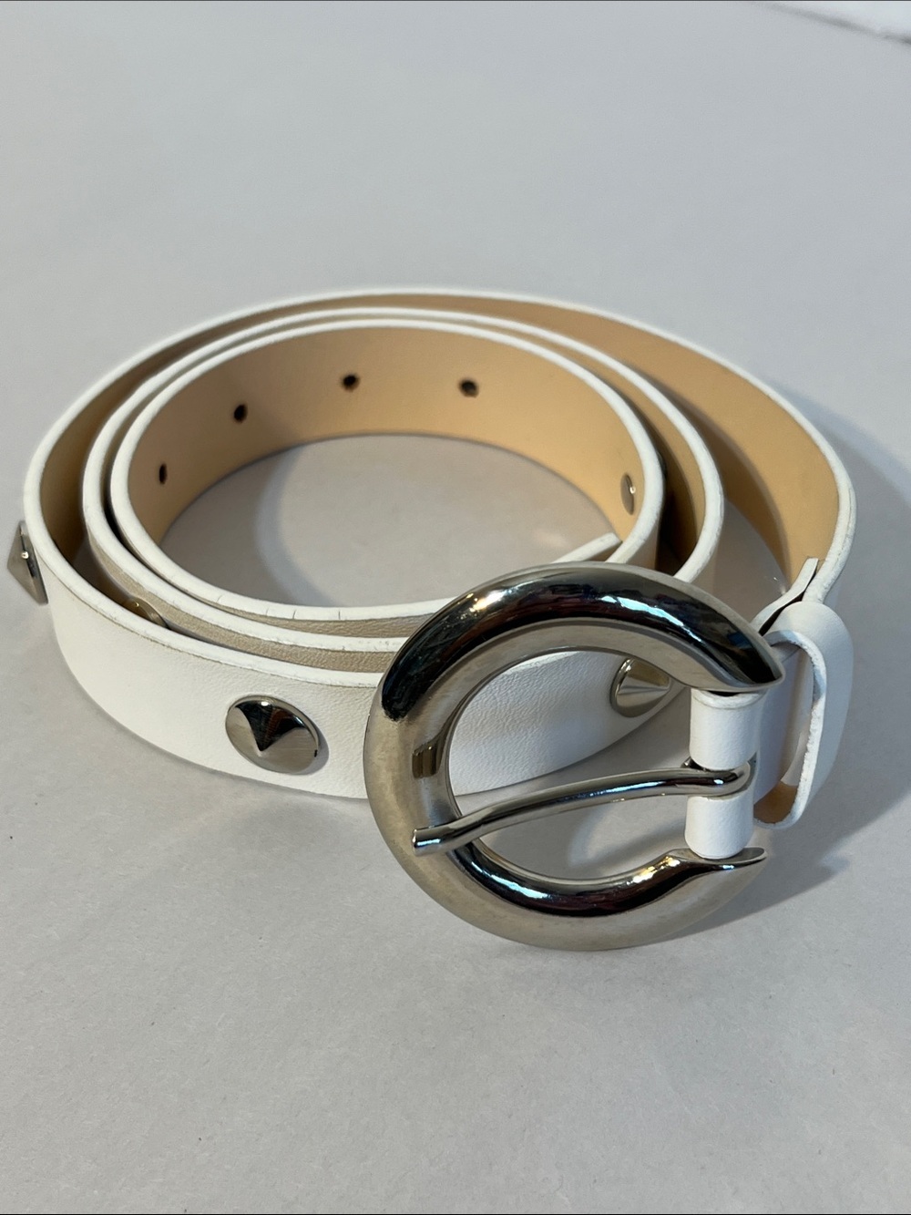 Garuglieri White Studded Belt with Polished Silver Buckle Size Medium